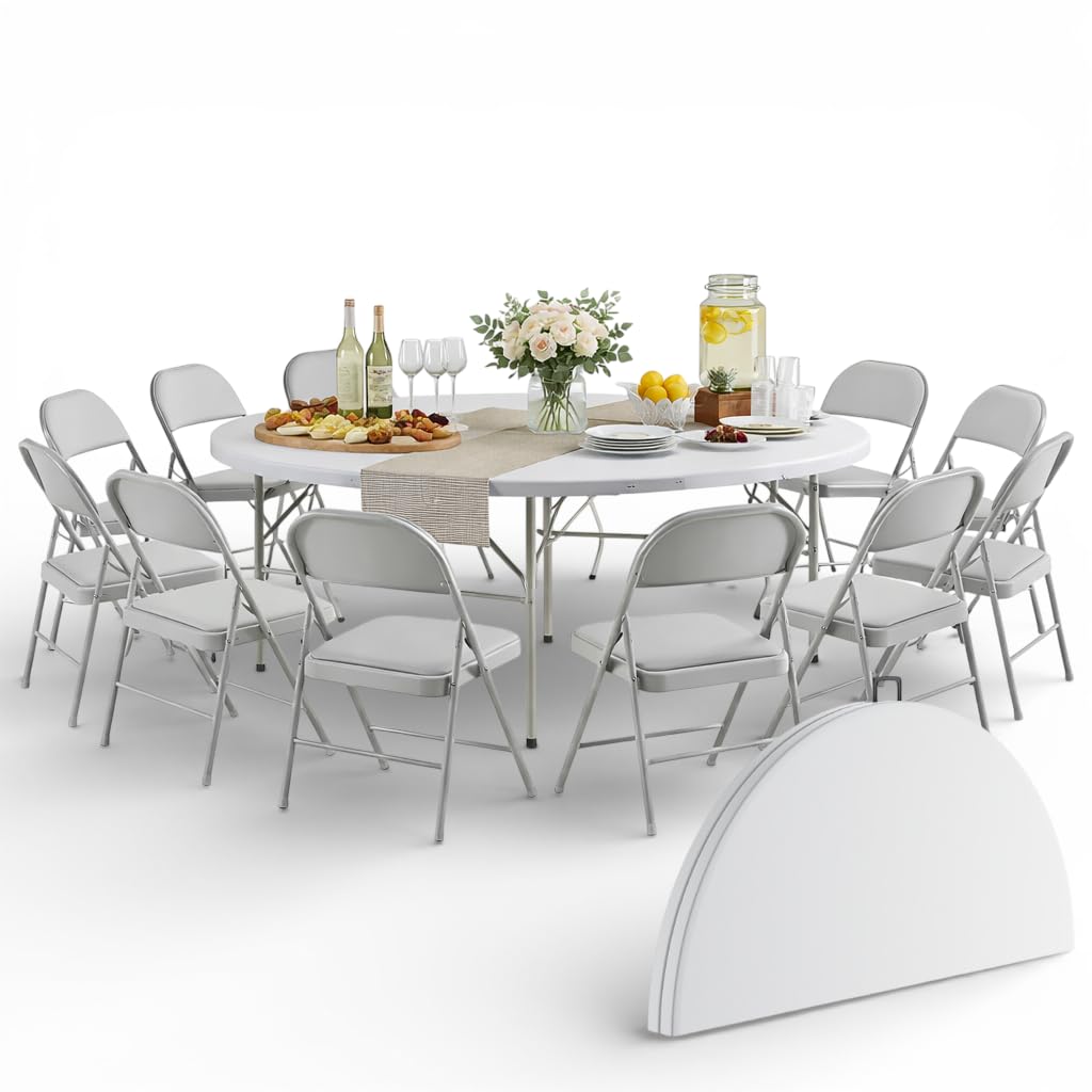 6 Ft Round Bi-Fold Folding Table with 10 Chairs B81049