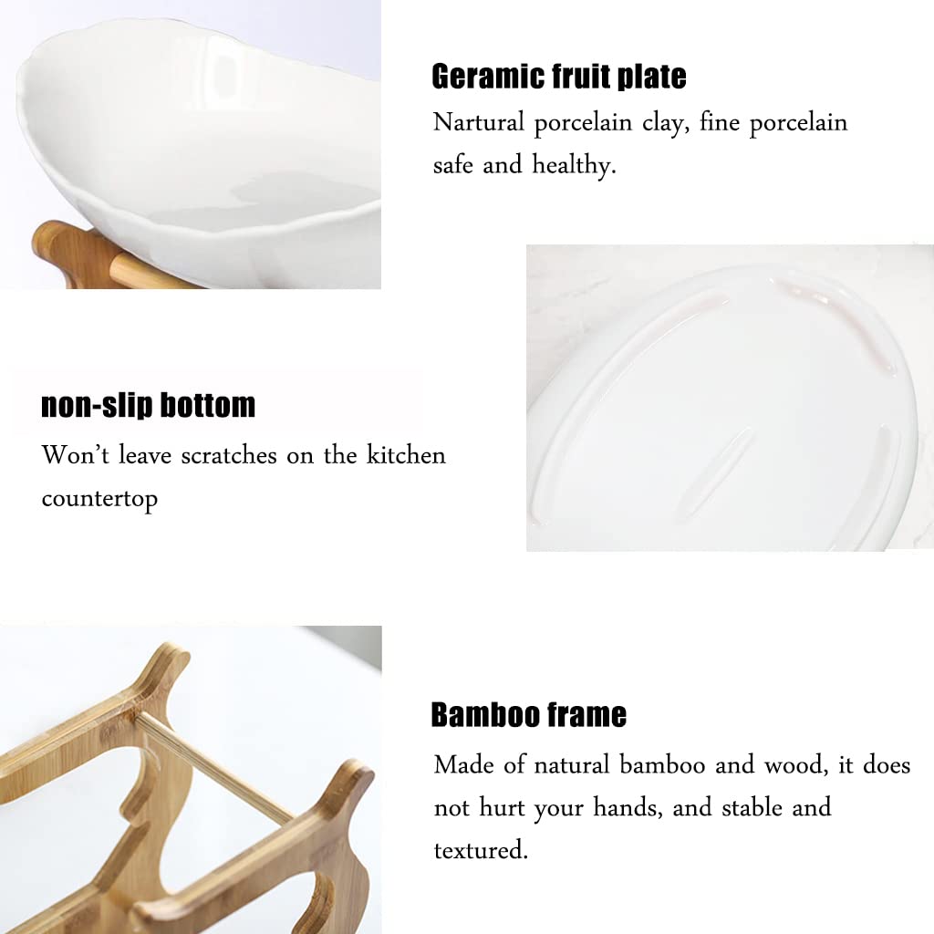 3 Tier Ceramic Fruit Bowl with Bamboo Stand White T6190
