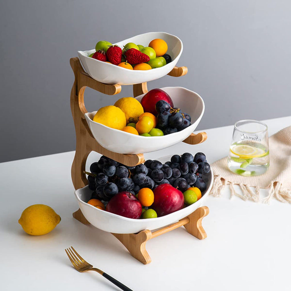 3 Tier Ceramic Fruit Bowl with Bamboo Stand White T6190