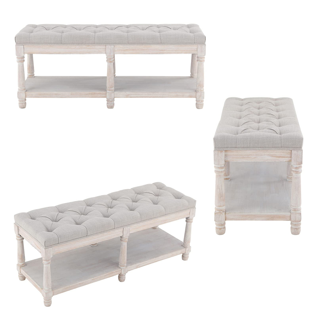 Beige Linen Upholstered Tufted Storage Bench with Shelf W858