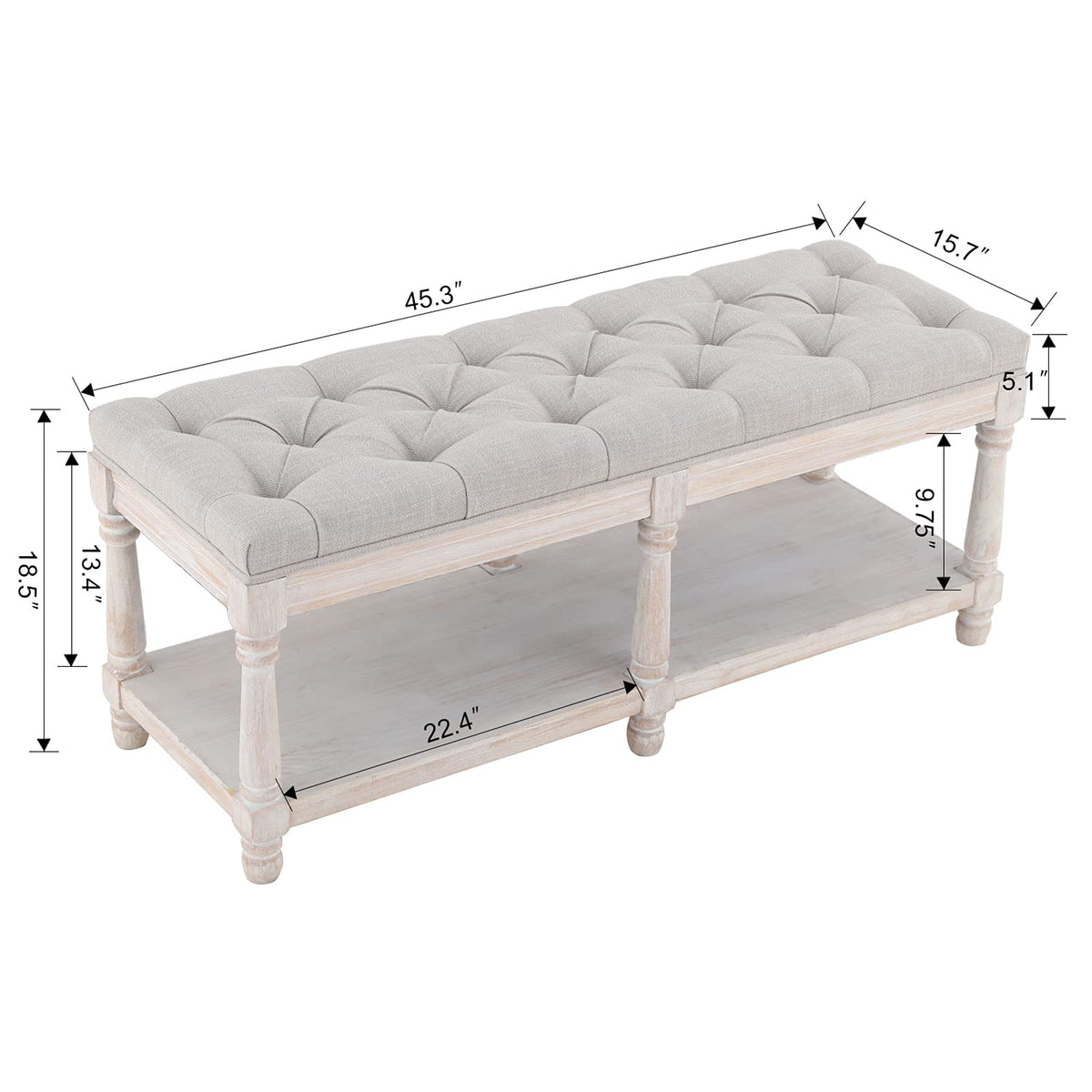 Beige Linen Upholstered Tufted Storage Bench with Shelf W858