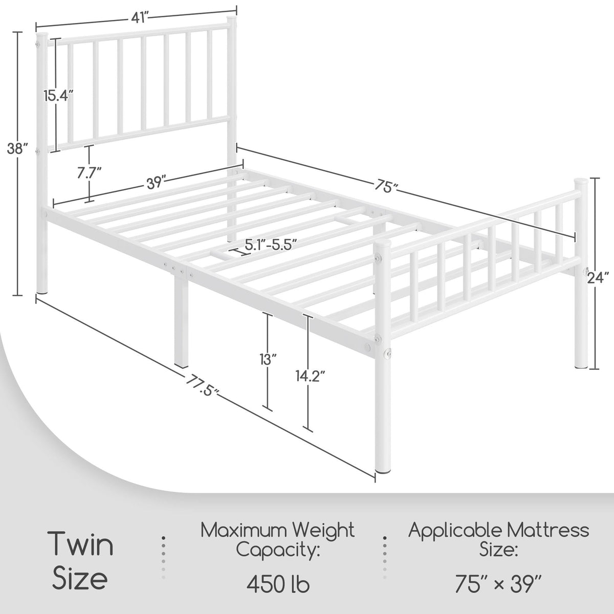 Twin Size White Metal Platform Bed Frame with Spindle Headboard S11607