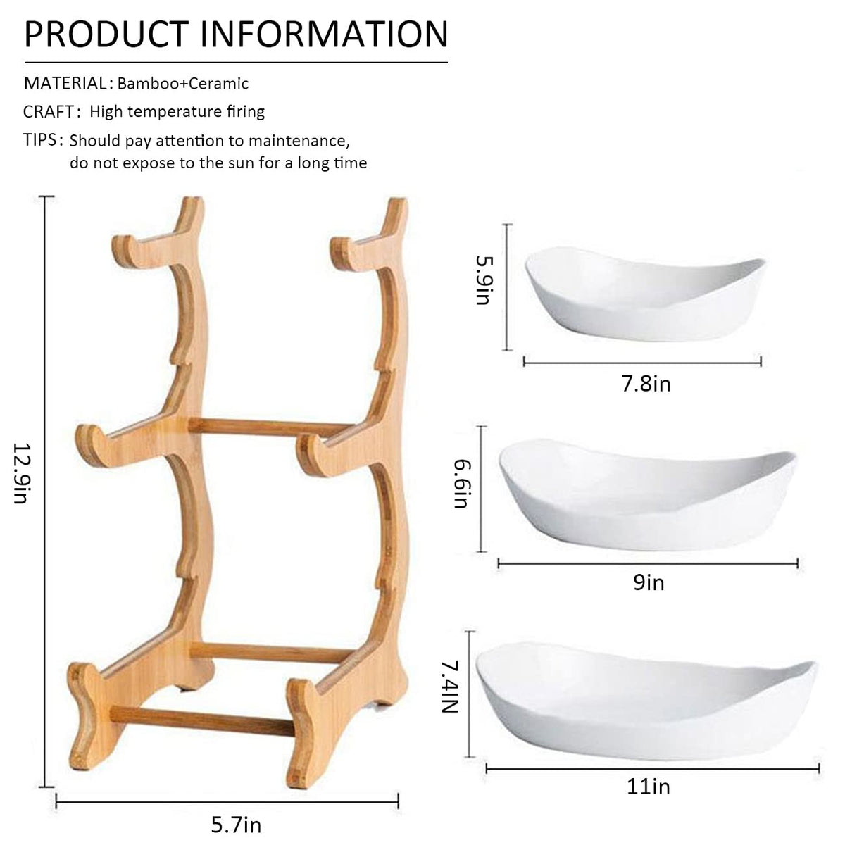 3 Tier Ceramic Fruit Bowl with Bamboo Stand White T6190