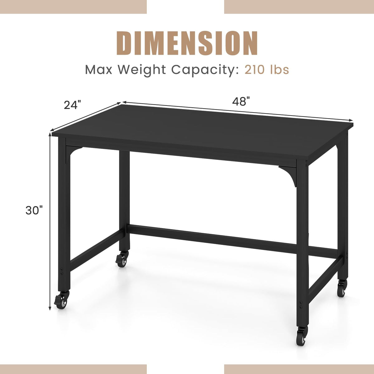 48” Mobile Computer Desk with 4 Lockable Wheels, Black Metal Frame T659771