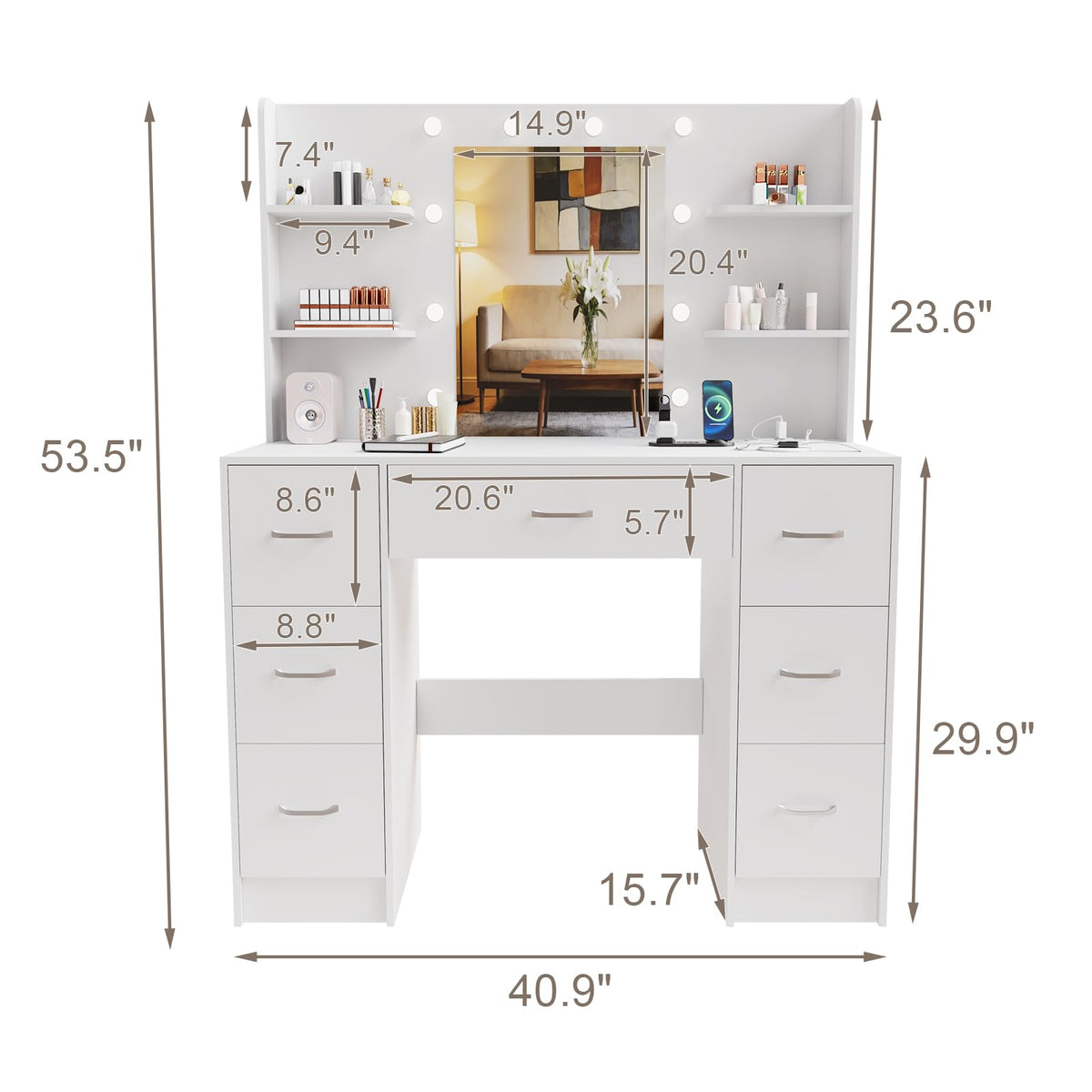Large White Vanity Desk with LED Lighted Mirror & 7 Drawers C38892