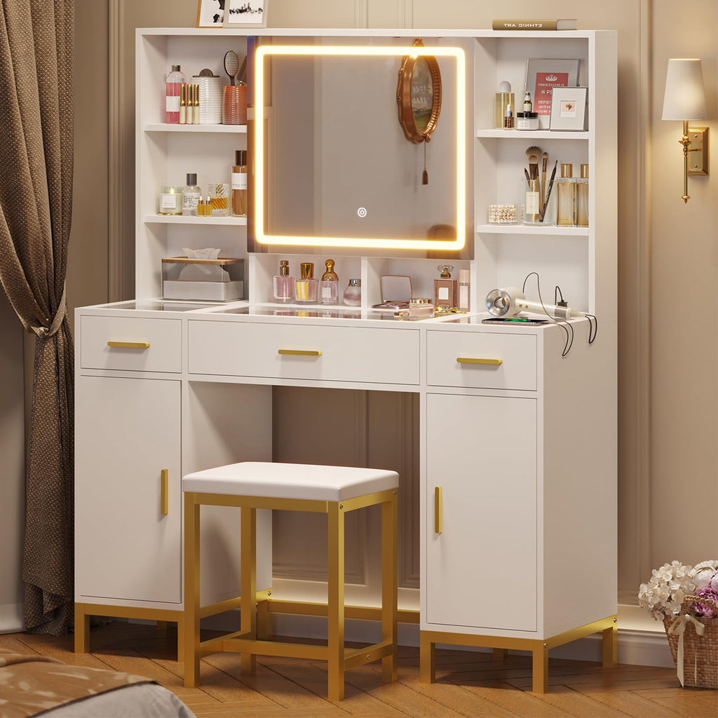 White Vanity Desk with Mirror and Lights I688