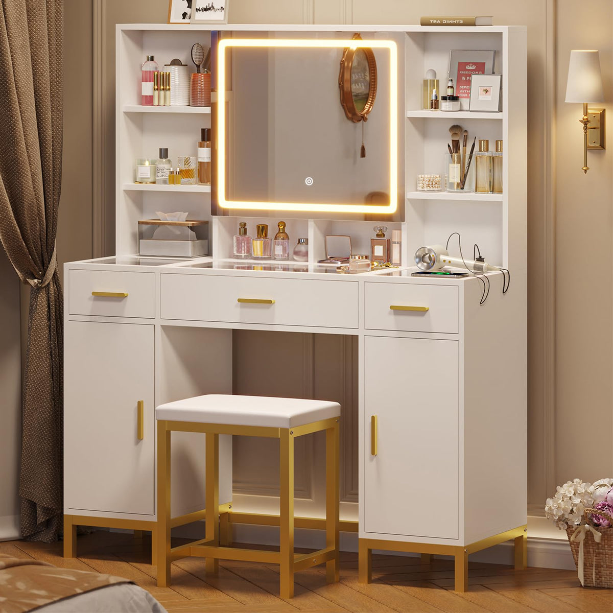 White Vanity Desk with Mirror and Lights I688