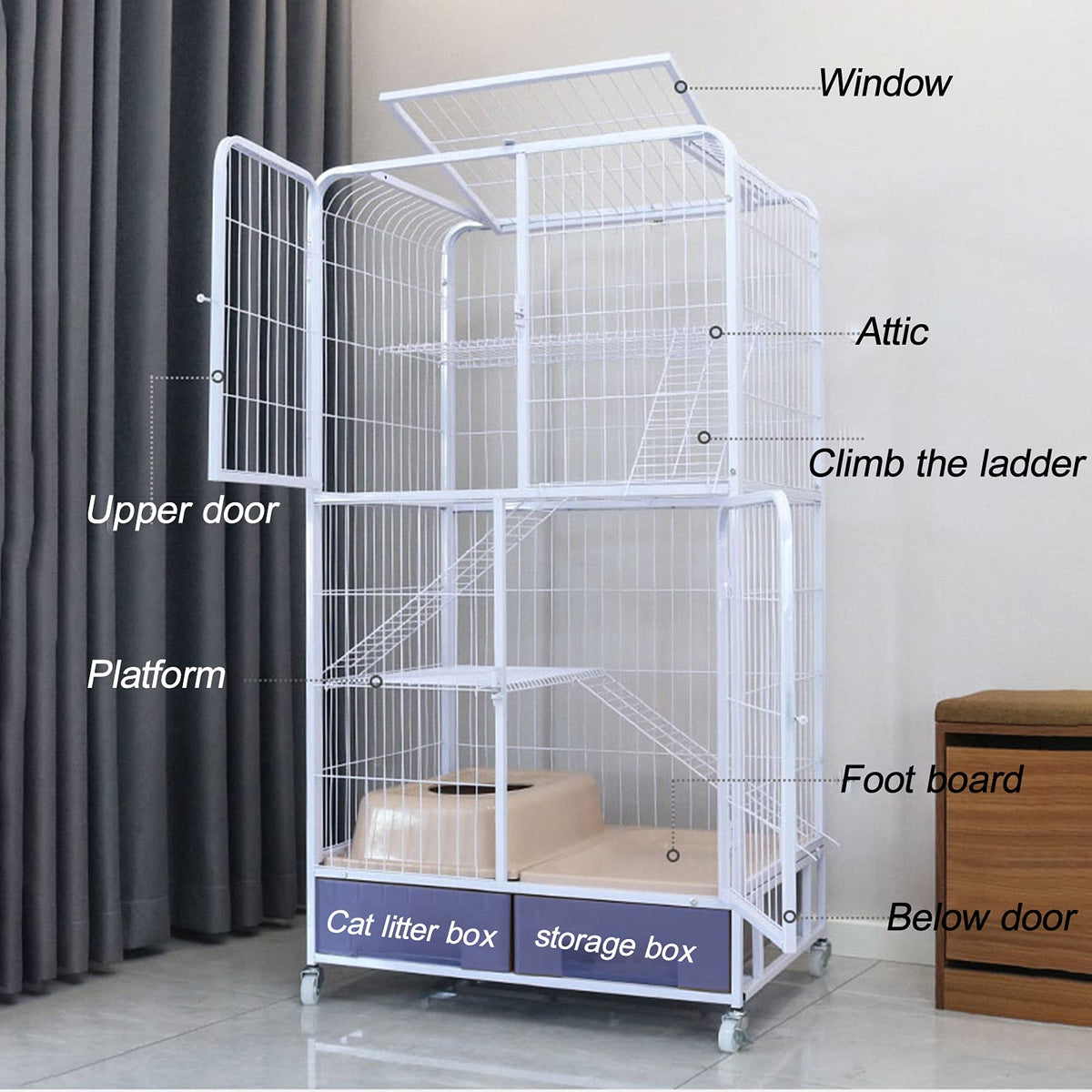 Pink Folding Metal Cat Cage Dog Crate with Four Wheels I859866