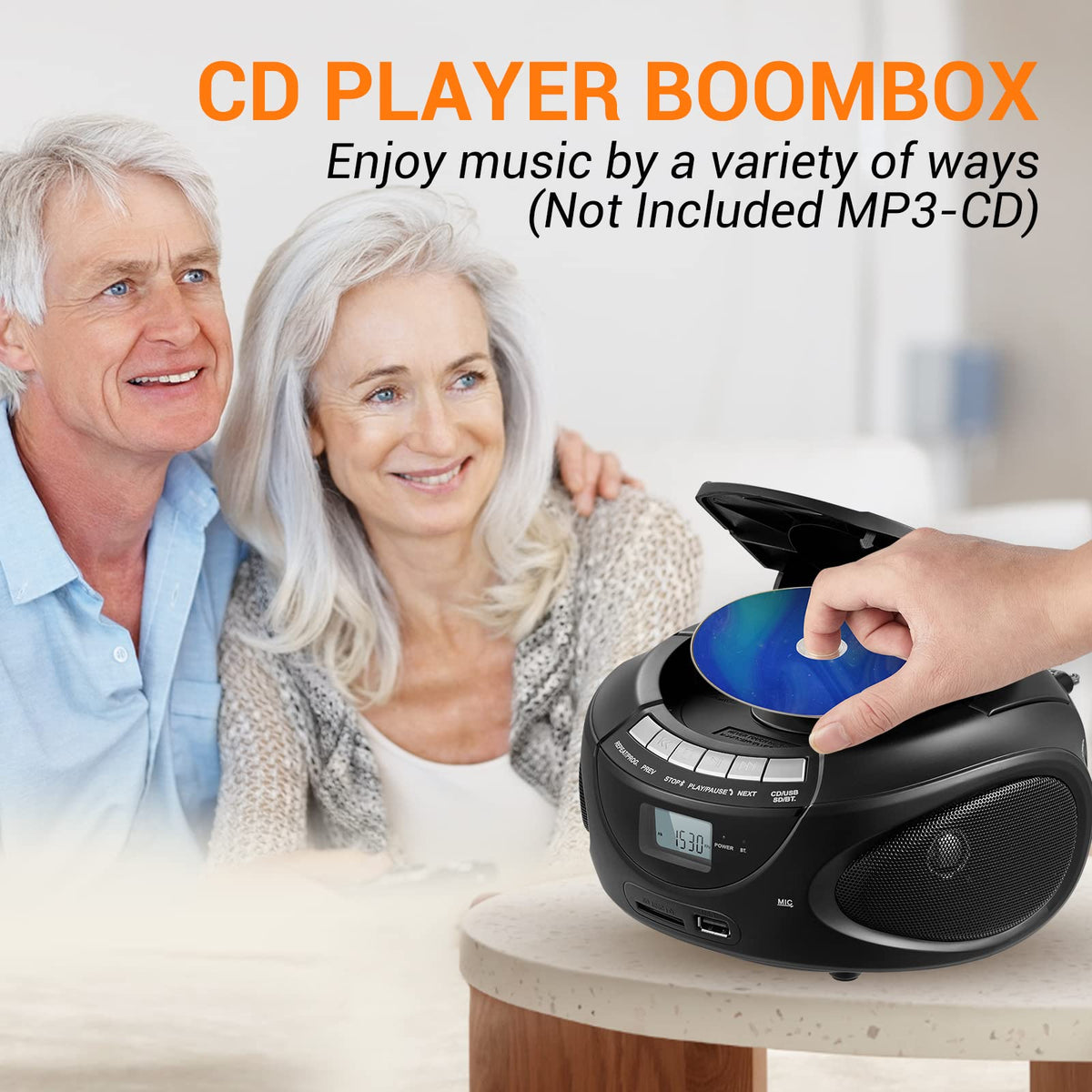 Portable CD Boombox with AM/FM Radio, Bluetooth, USB, SD Card, LCD Display, Black M950