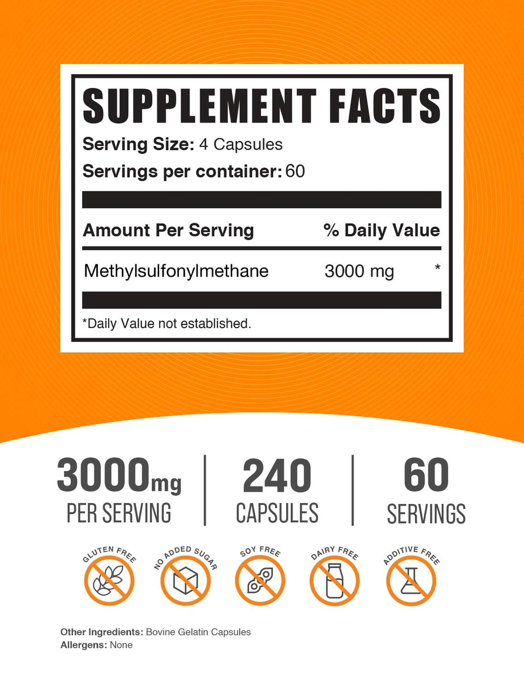 MSM 3000mg Gluten Free Capsules 240 Count Y596054