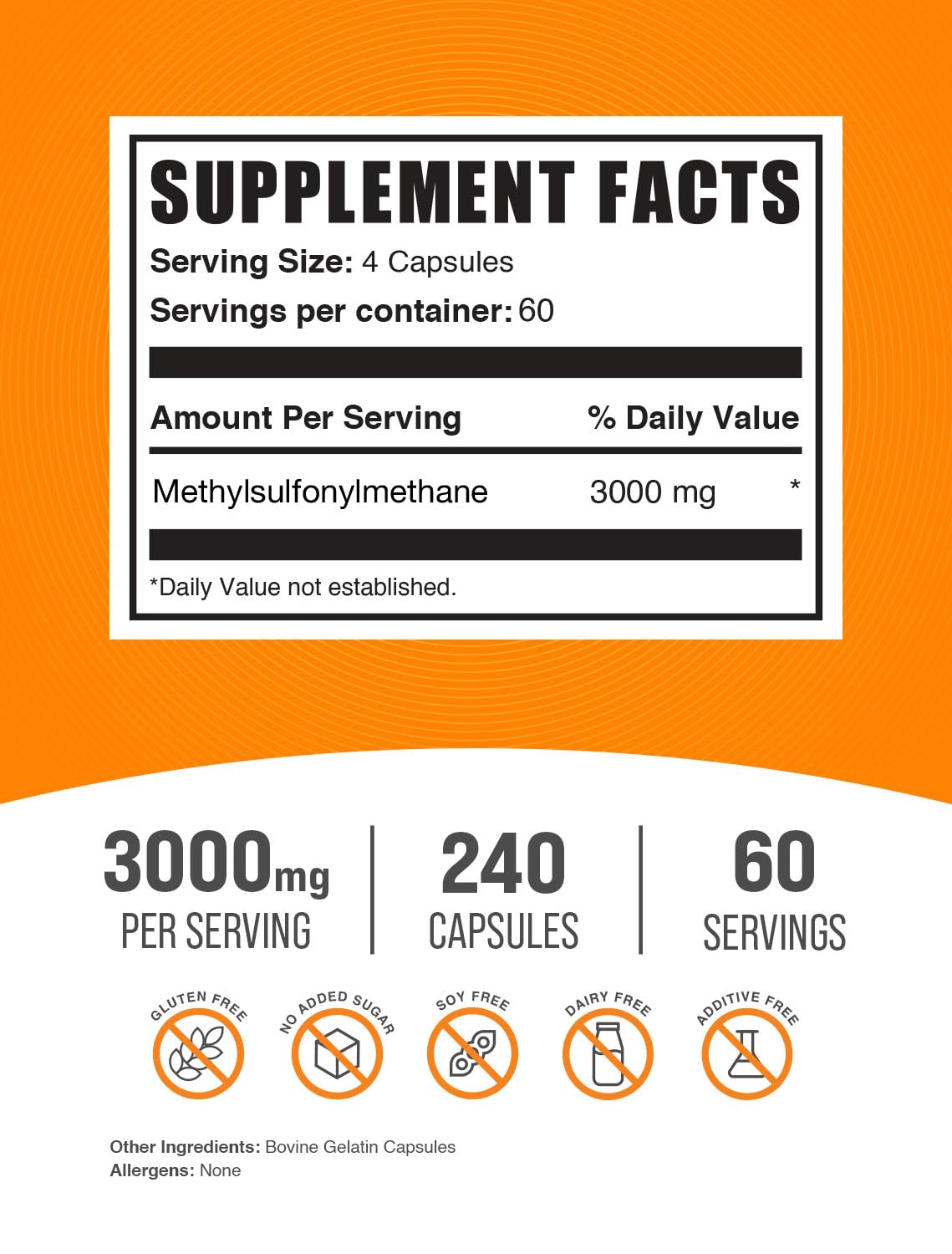 MSM 3000mg Gluten Free Capsules 240 Count Y596054