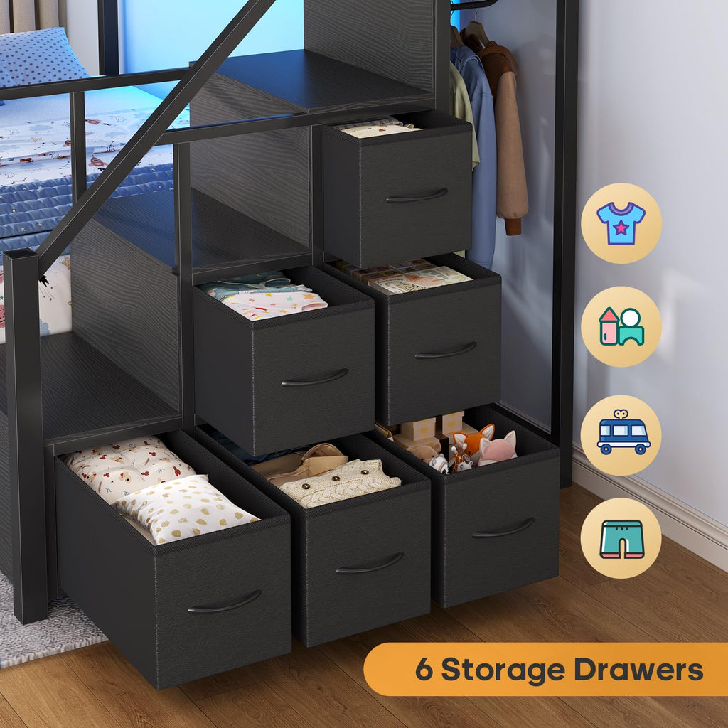 Twin Over Twin Bunk Bed with Trundle, Stairs, 6 Drawers, LED Lights P779251