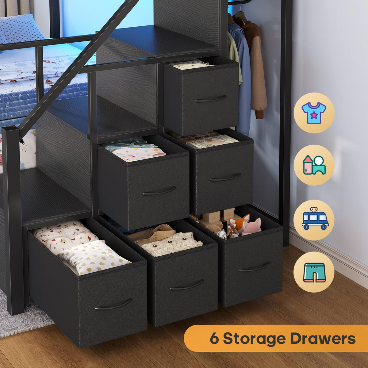 Twin Over Twin Bunk Bed with Trundle, Stairs, 6 Drawers, LED Lights P779251