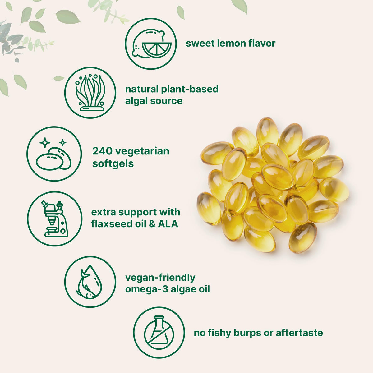 Vegan Omega 3 Algae Oil 240 Veggie Softgels DHA 500mg DPA 100mg Lemon Flavored X453919