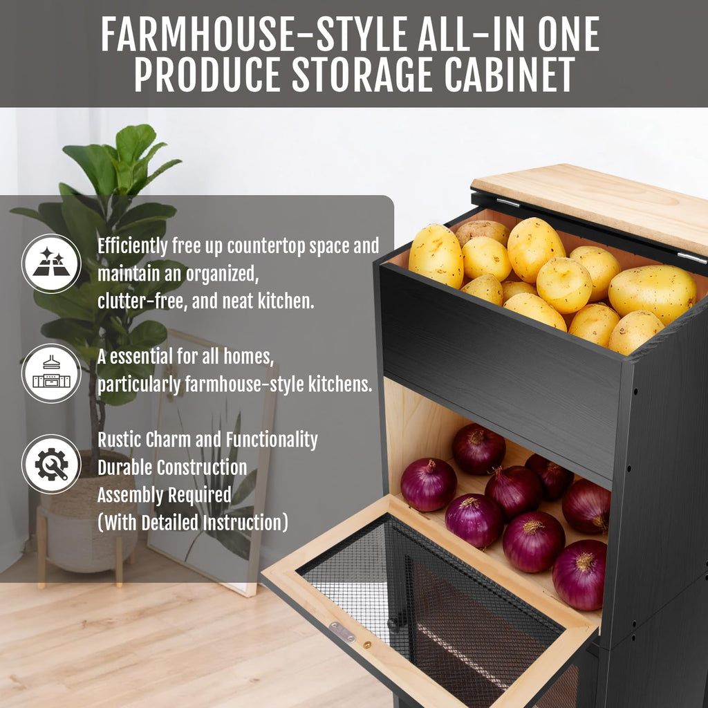 Black Stackable Wooden Potato Onion Storage Bin with Lid I778