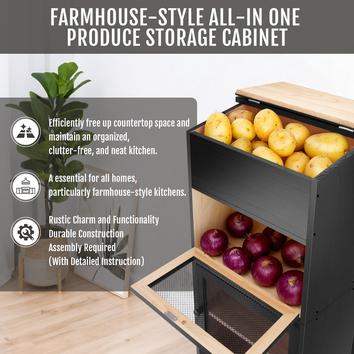 Black Stackable Wooden Potato Onion Storage Bin with Lid I778
