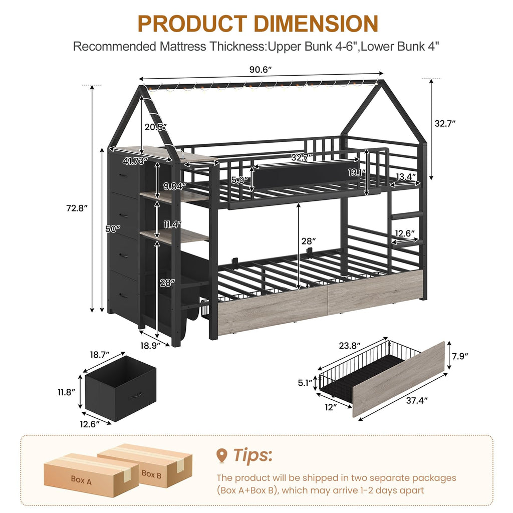 Twin Bunk Bed with Storage Bookshelf, 6 Drawers & USB I976179