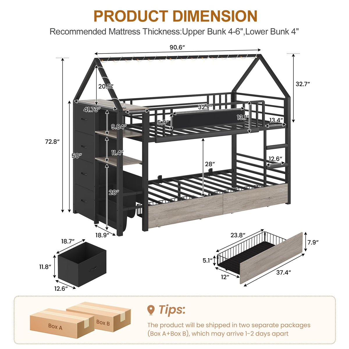 Twin Bunk Bed with Storage Bookshelf, 6 Drawers & USB I976179