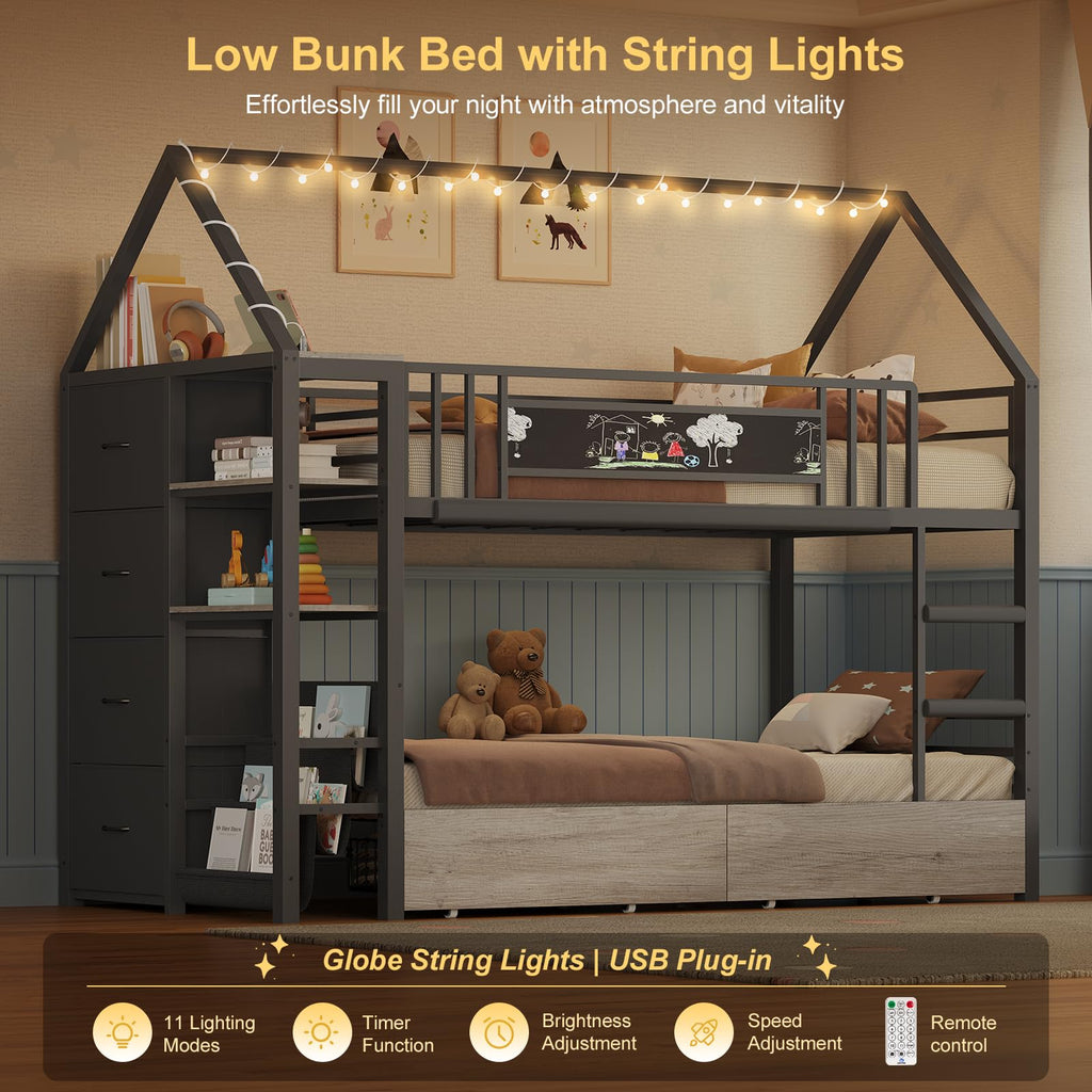 Twin Bunk Bed with Storage Bookshelf, 6 Drawers & USB I976179