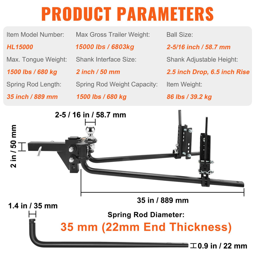 1500 lbs Capacity Weight Distribution Hitch with 2-Inch Steel Shank X2192