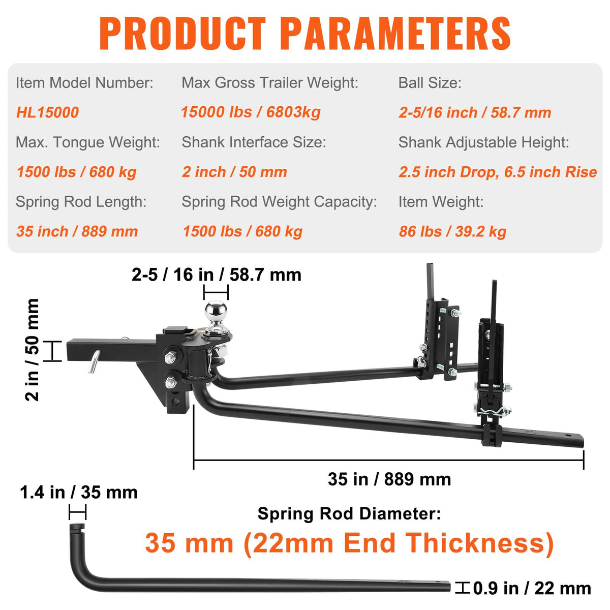 1500 lbs Capacity Weight Distribution Hitch with 2-Inch Steel Shank X2192