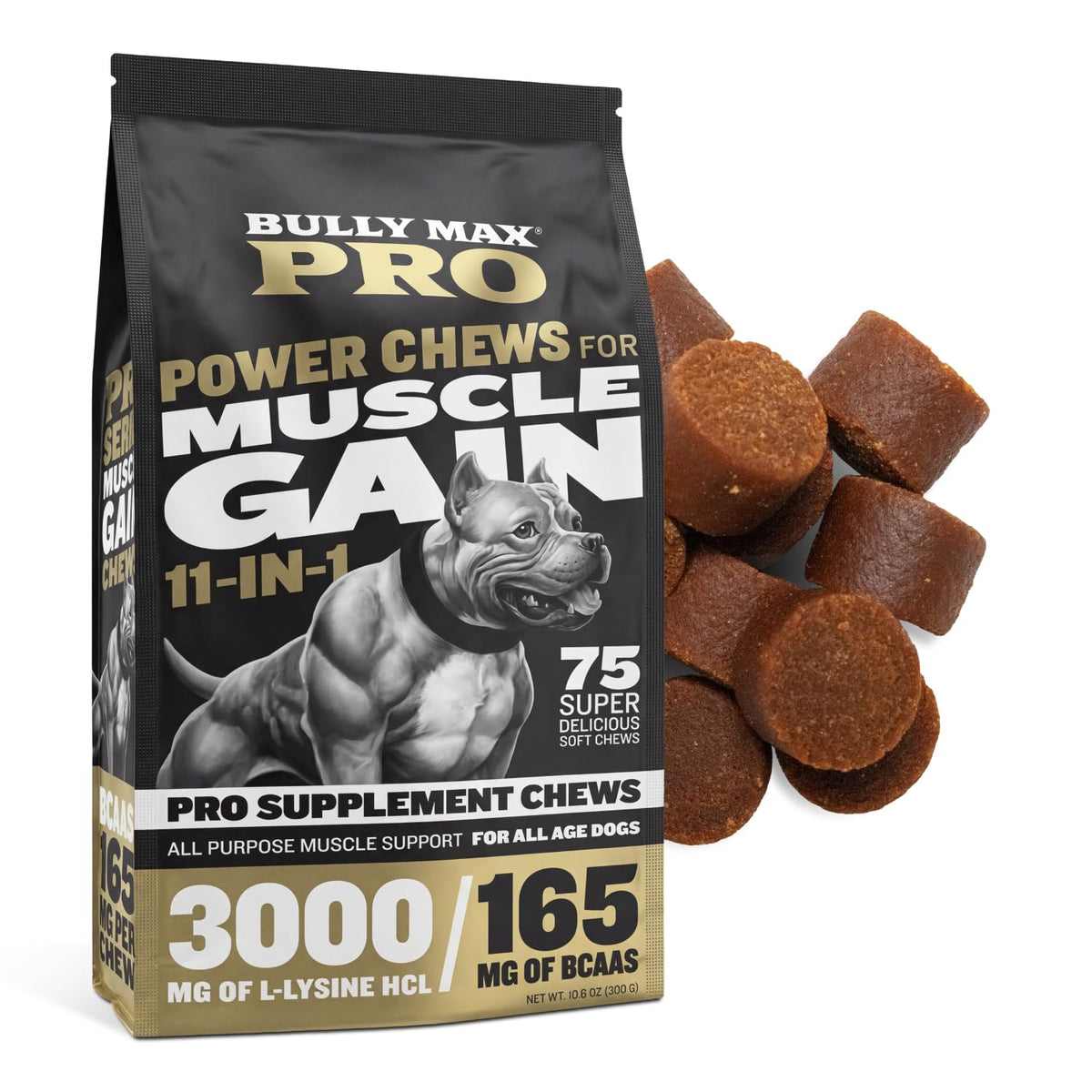 11-in-1 Dog Muscle Builder Power Chews - High Protein Supplement with Amino Acids - 75 Soft Chews K3057
