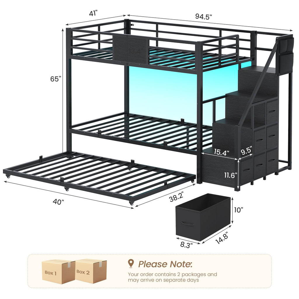 Twin Over Twin Bunk Bed with Trundle, Stairs, 6 Drawers, LED Lights P779251