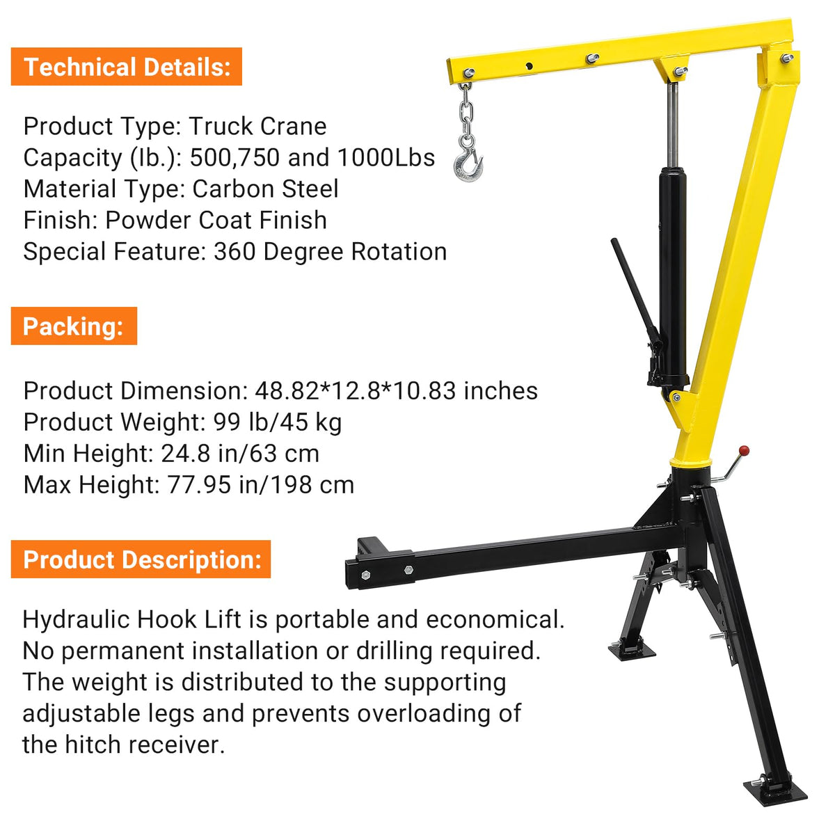 Hydraulic 1000Lbs Hitch-Mounted 360° Swivel Pickup Truck Crane M5203