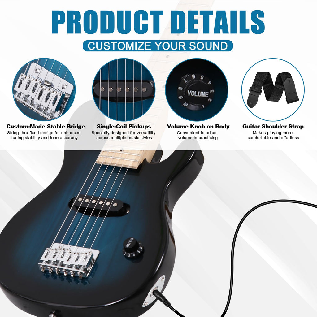 30" Blue Electric Guitar Beginner Kit with Amp and Bag E4624