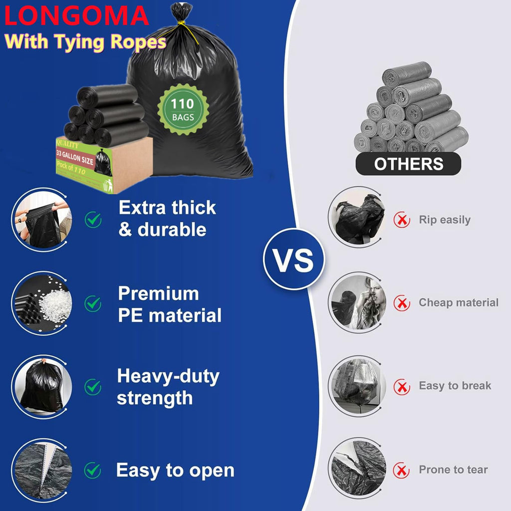 33 Gallon Heavy Duty Trash Bags 110 Count Black Can Liners T32270