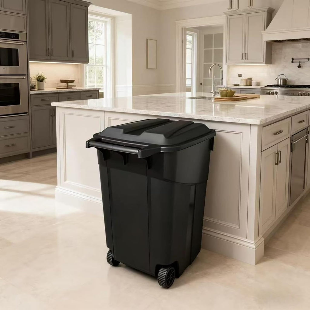 Black 45 Gallon Wheeled Heavy Duty Plastic Trash Can with Lid R5531