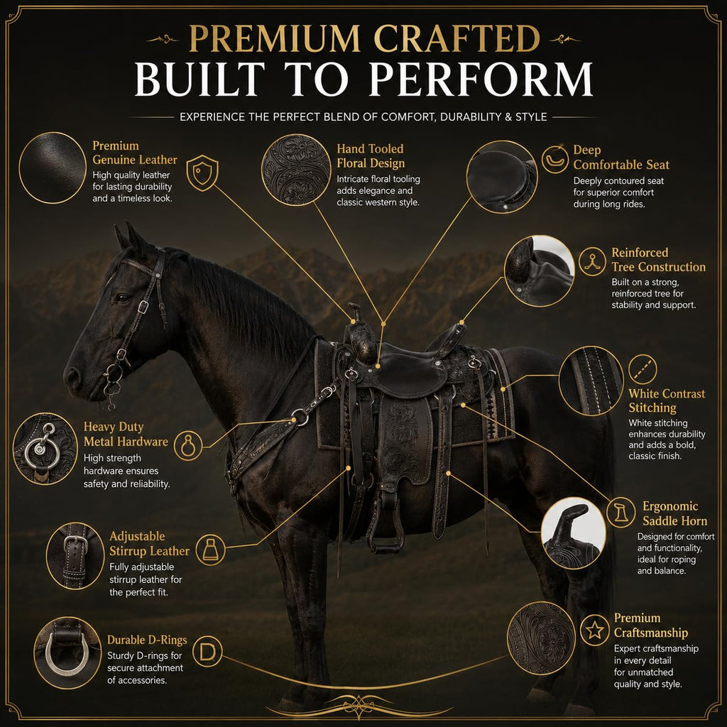 Black Floral Tooled Leather Western Saddles Combo Tack Set L6546