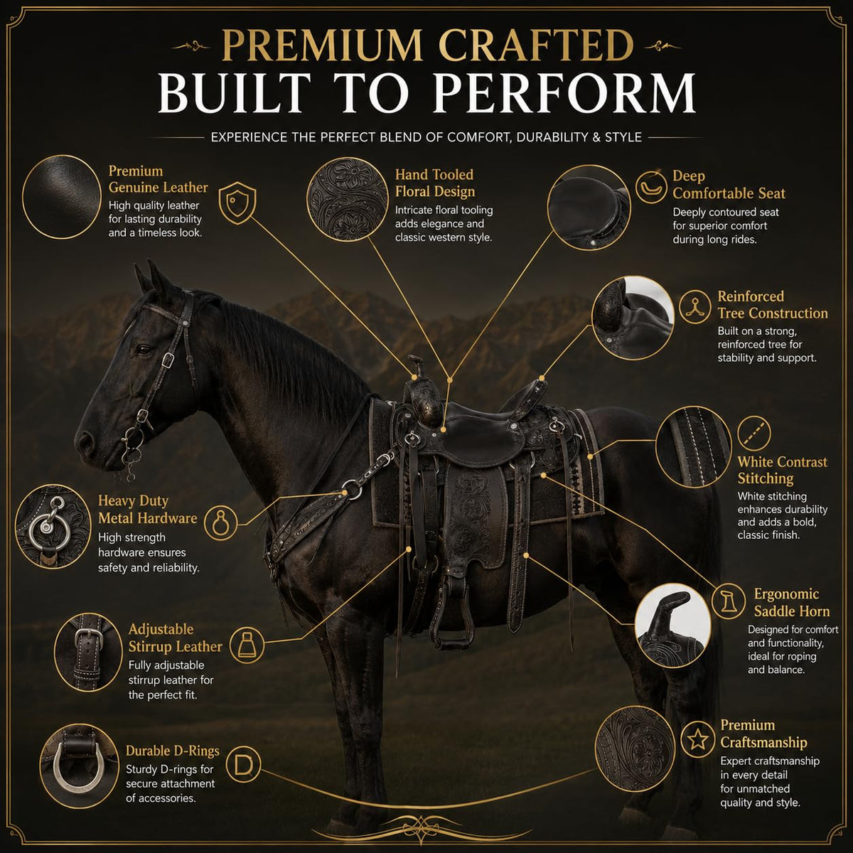 Black Floral Tooled Leather Western Saddles Combo Tack Set L6546