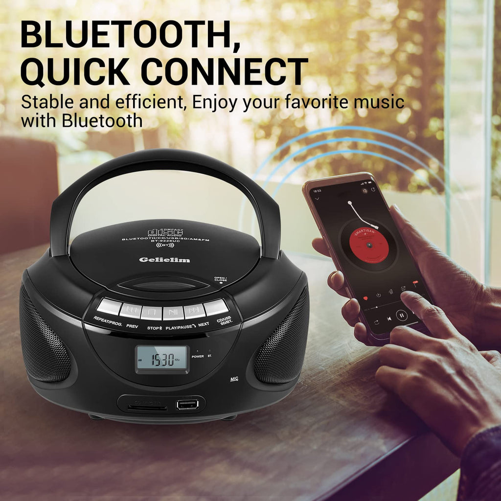 Portable CD Boombox with AM/FM Radio, Bluetooth, USB, SD Card, LCD Display, Black M950