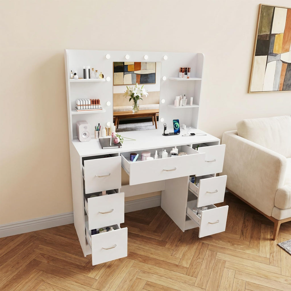 Large White Vanity Desk with LED Lighted Mirror & 7 Drawers C38892
