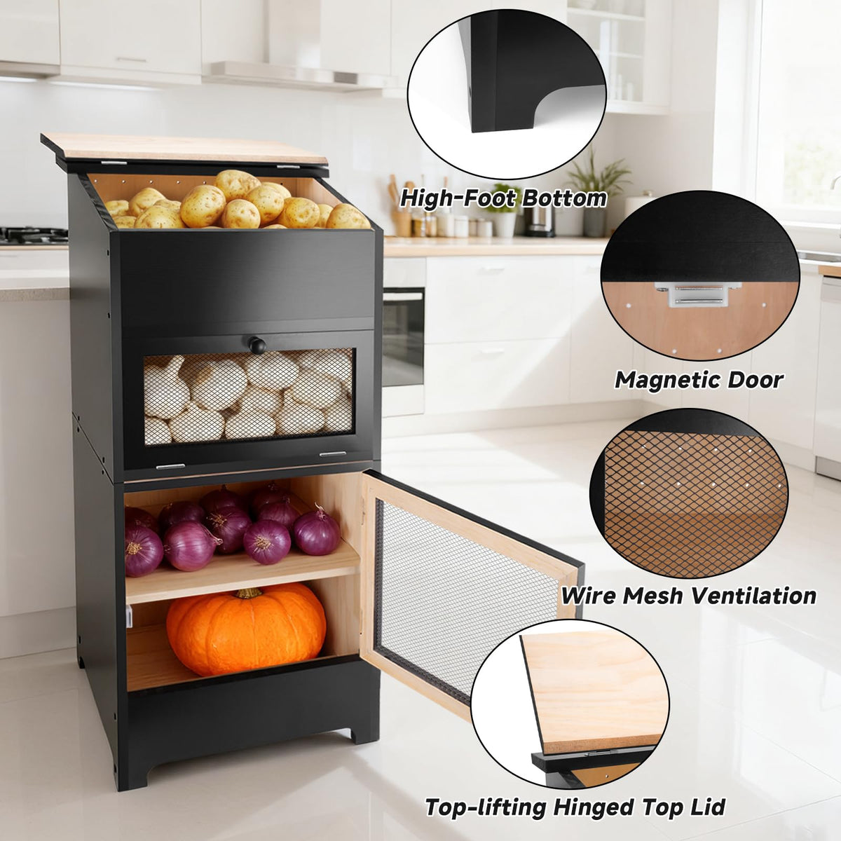 Black Stackable Wooden Potato Onion Storage Bin with Lid I778