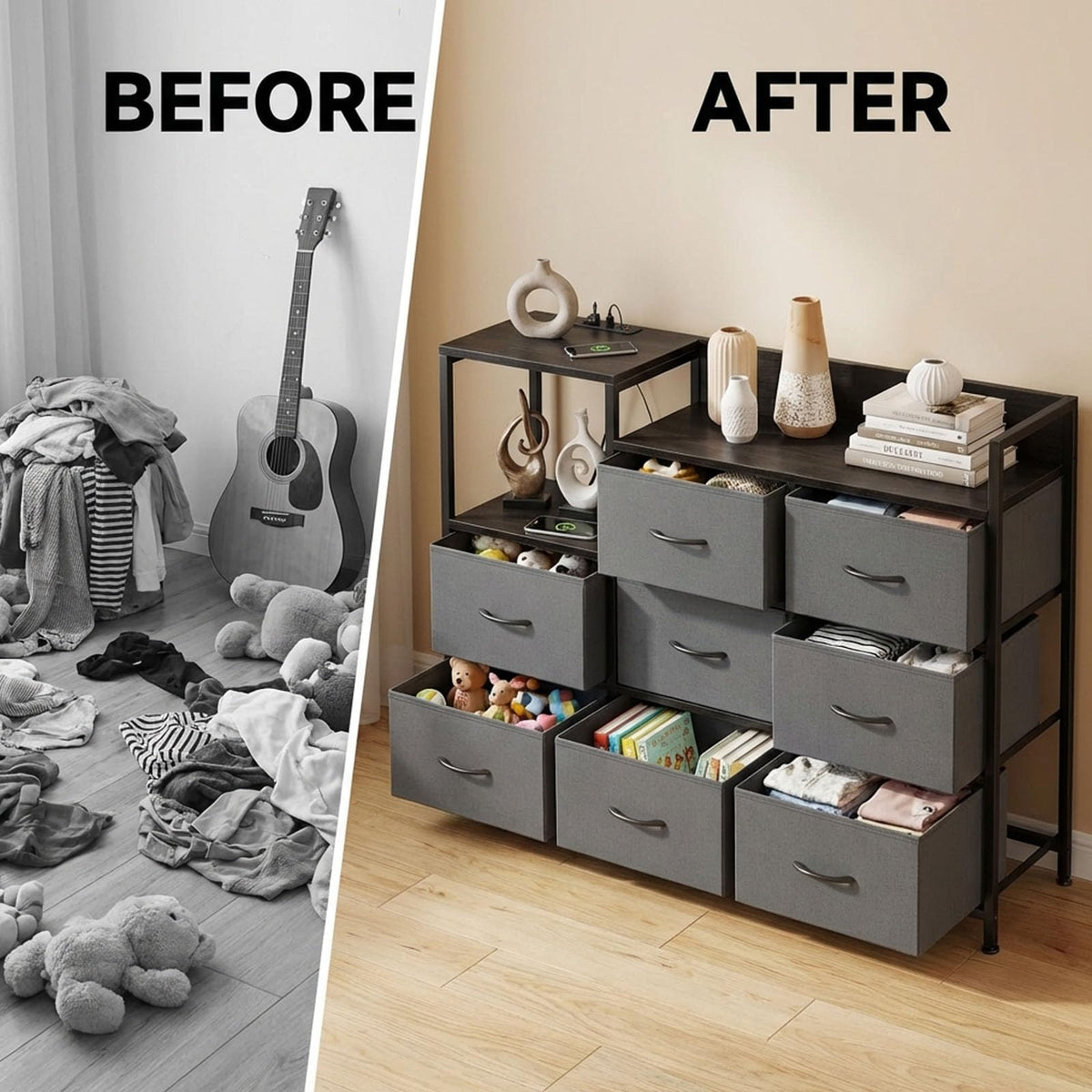 TV Stand with Charging Station, 8 Fabric Drawers Dresser Z444970