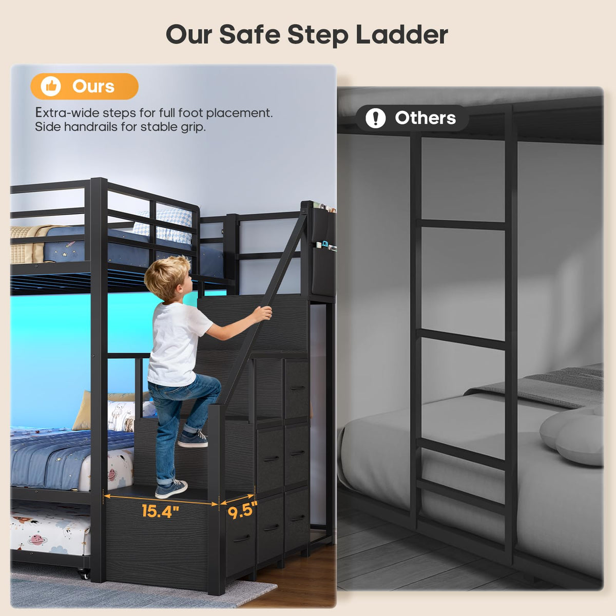 Twin Over Twin Bunk Bed with Trundle, Stairs, 6 Drawers, LED Lights P779251