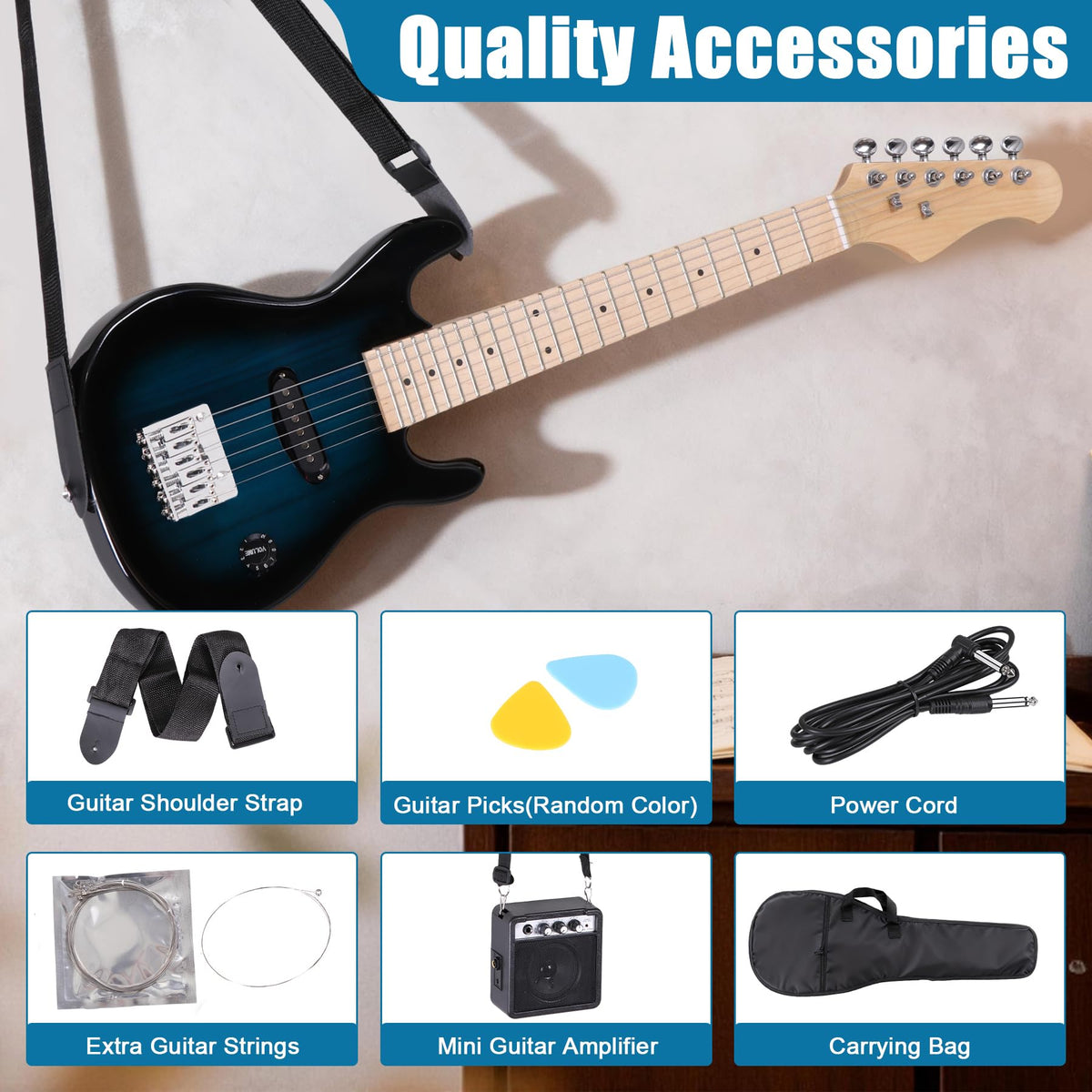 30 Inch Blue Solid Wood Electric Guitar Starter Kit with Amplifier F910