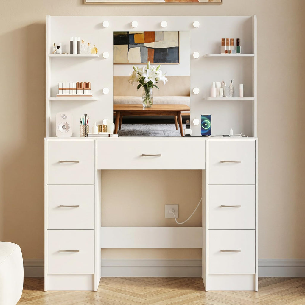 Large White Vanity Desk with LED Lighted Mirror & 7 Drawers C38892