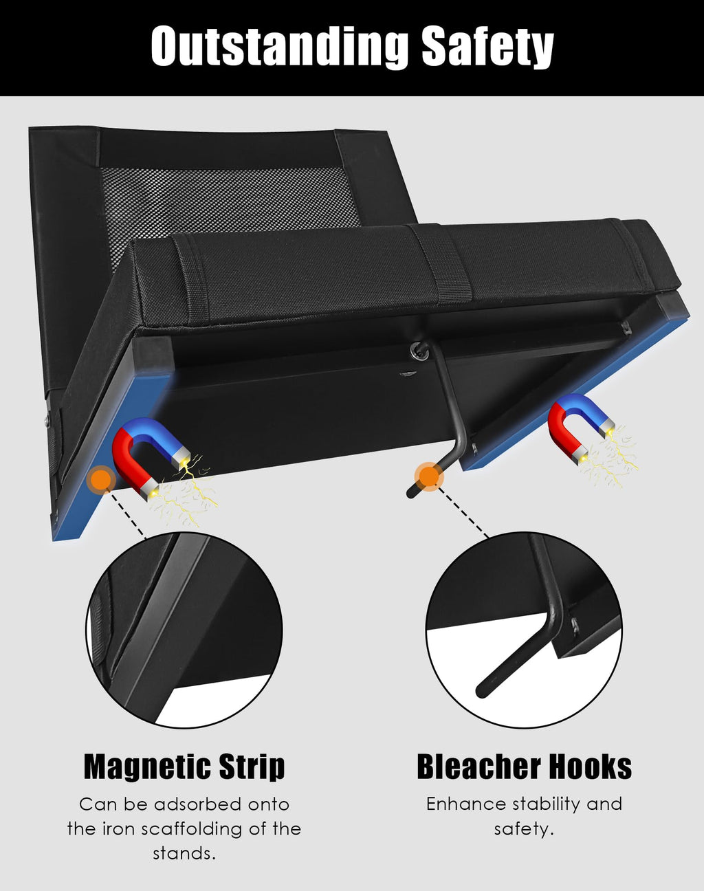 Portable Folding Bleacher Seats with Back Support and Cushion, Black P9427
