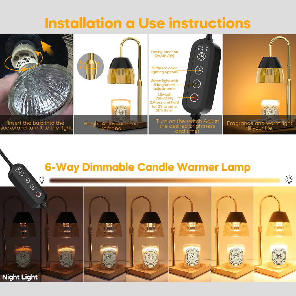 Candle Warmer Lamp with Timer Auto Off, Dimmable Height Adjustable Wax Melting Lamp P5218