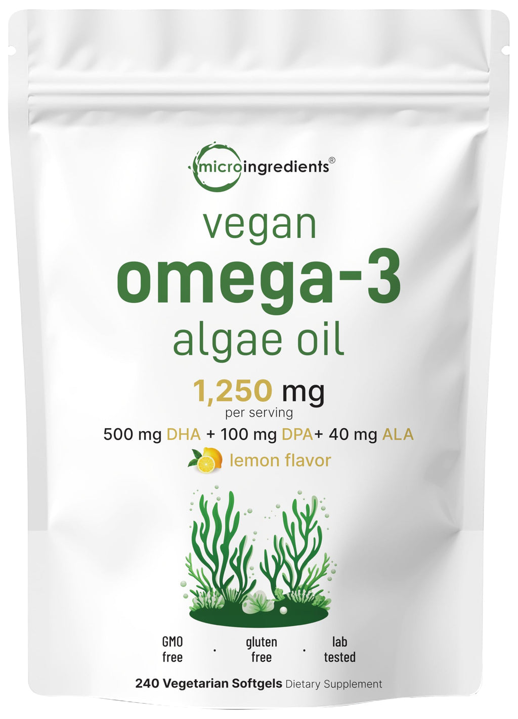 Vegan Omega 3 Algae Oil 240 Veggie Softgels DHA 500mg DPA 100mg Lemon Flavored X453919