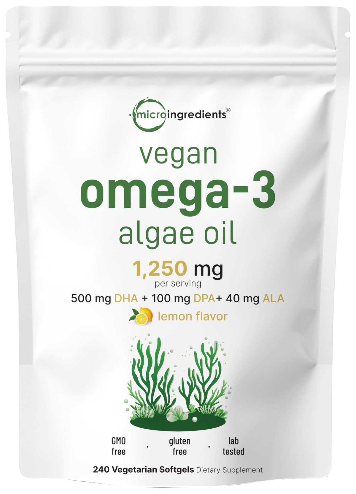 Vegan Omega 3 Algae Oil 240 Veggie Softgels DHA 500mg DPA 100mg Lemon Flavored X453919