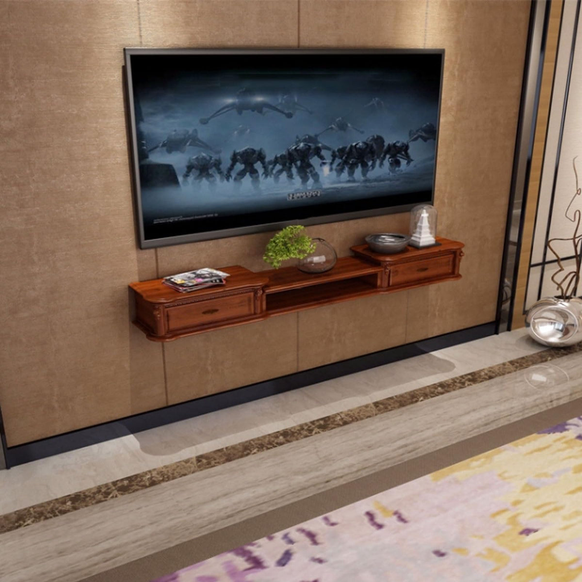 Wall Mounted TV Stand with Drawers and Open Storage Shelf R3739