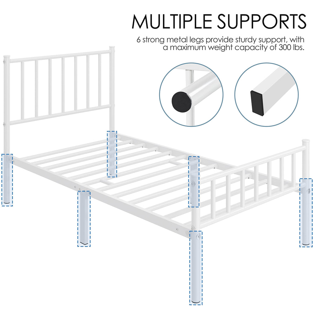 Twin Size White Metal Platform Bed Frame with Spindle Headboard S11607