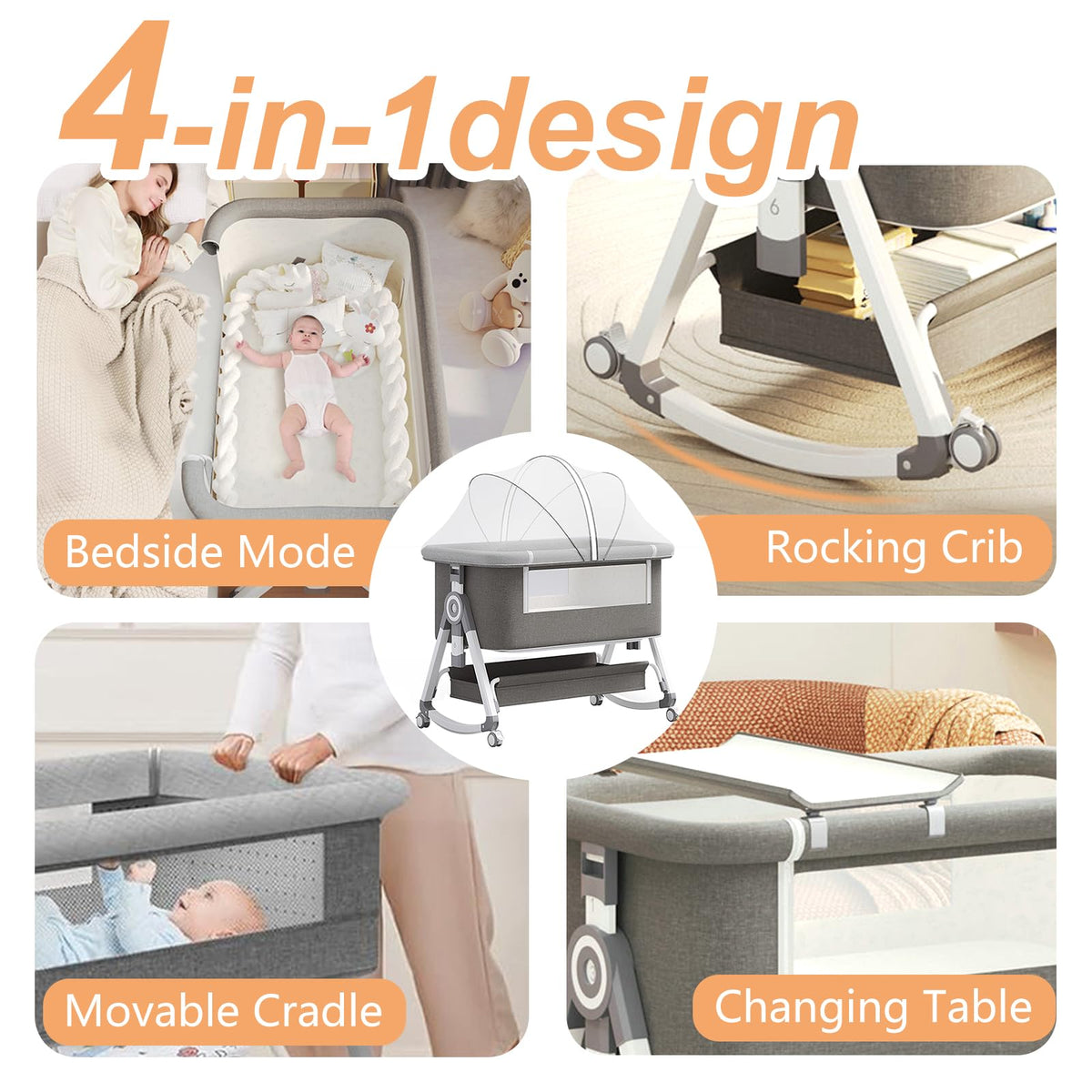 4 in 1 Baby Bassinet Bedside Sleeper with Wheels and Mattress V9524