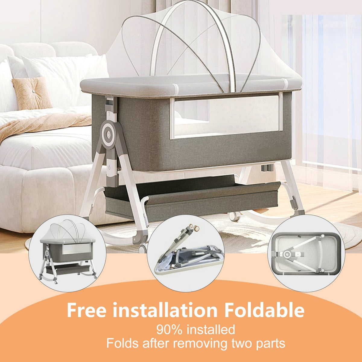 4 in 1 Baby Bassinet Bedside Sleeper with Wheels and Mattress V9524
