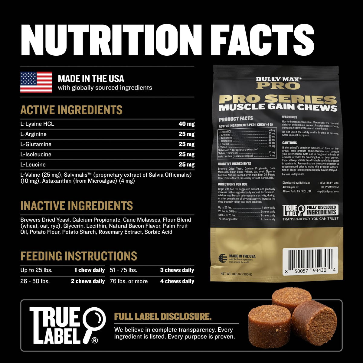 11-in-1 Dog Muscle Builder Power Chews - High Protein Supplement with Amino Acids - 75 Soft Chews K3057