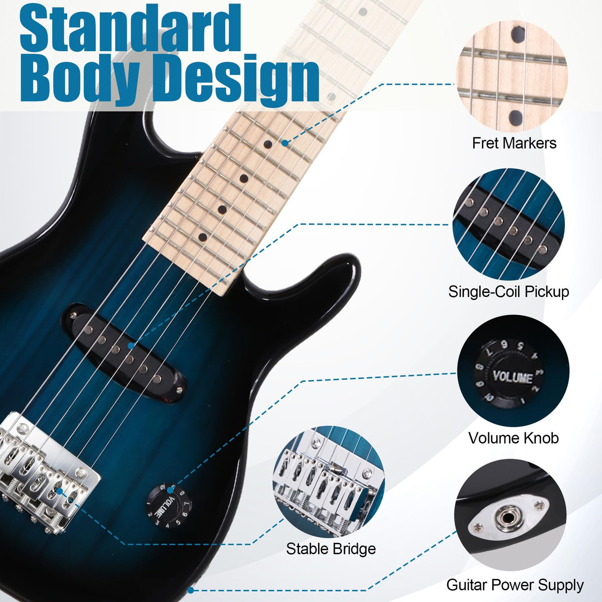 30 Inch Blue Solid Wood Electric Guitar Starter Kit with Amplifier F910